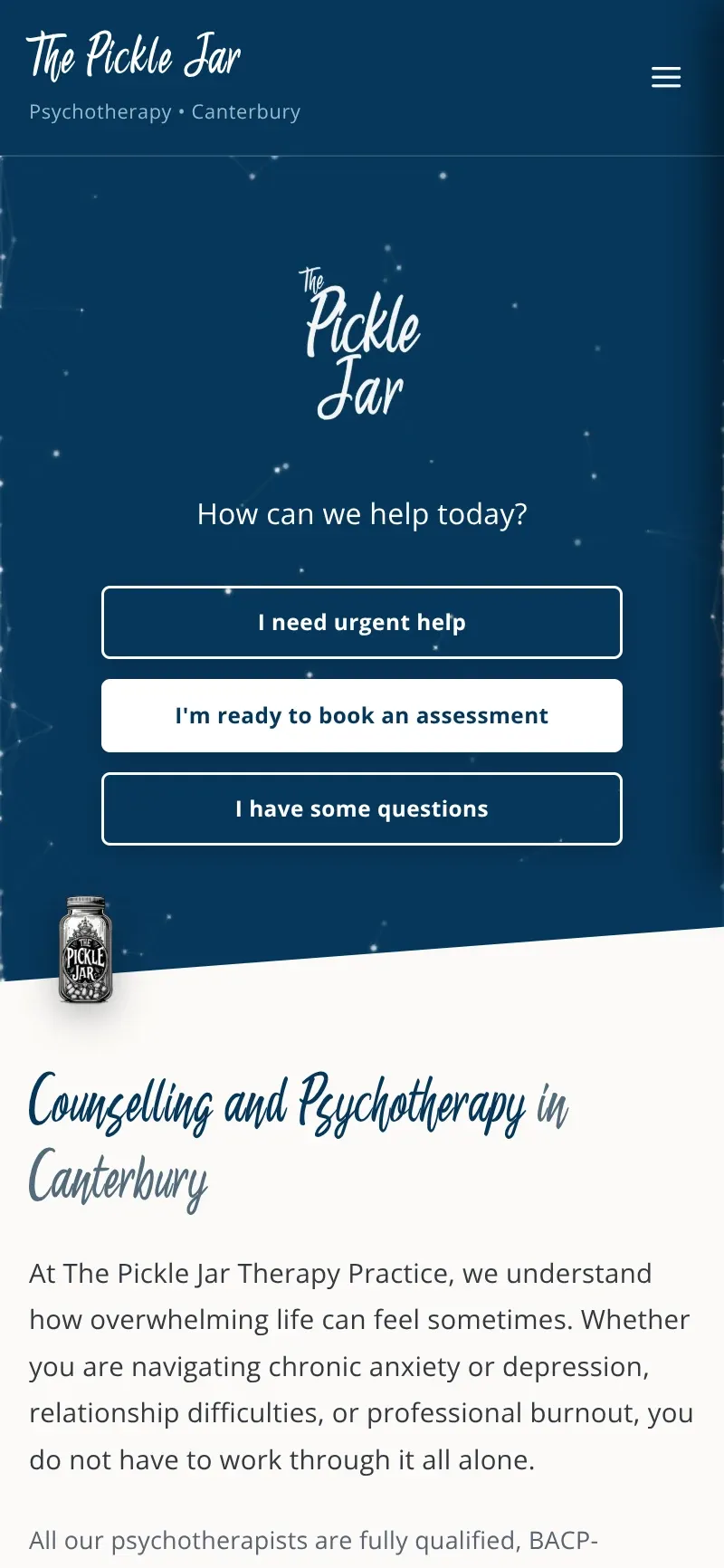 The same homepage on a phone, with the three routes stacked as full width buttons