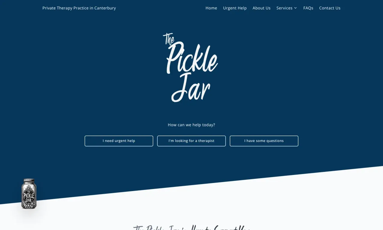 The Pickle Jar Therapy homepage, showing their three main service routes